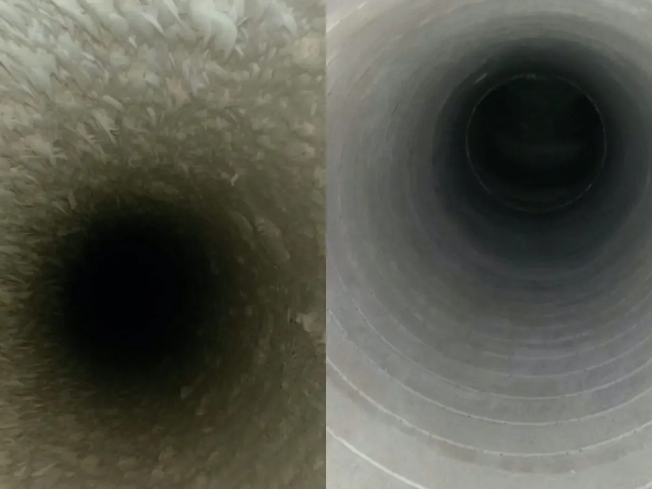 Storitev Čiščenja Cevovodnih Sistemov – Umazan in čist cevovodni sistem ventilacije in klimatizacije. Stanje pred in po čiščenju.