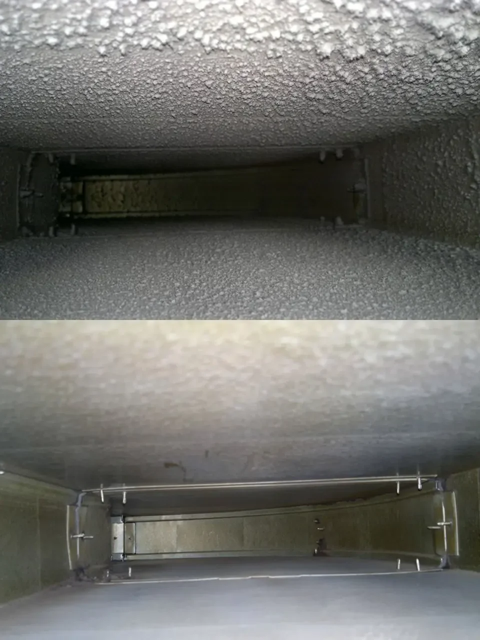 Storitev Čiščenja Cevovodnih Sistemov – Umazan in čist cevovodni sistem ventilacije in klimatizacije. Stanje pred in po čiščenju.