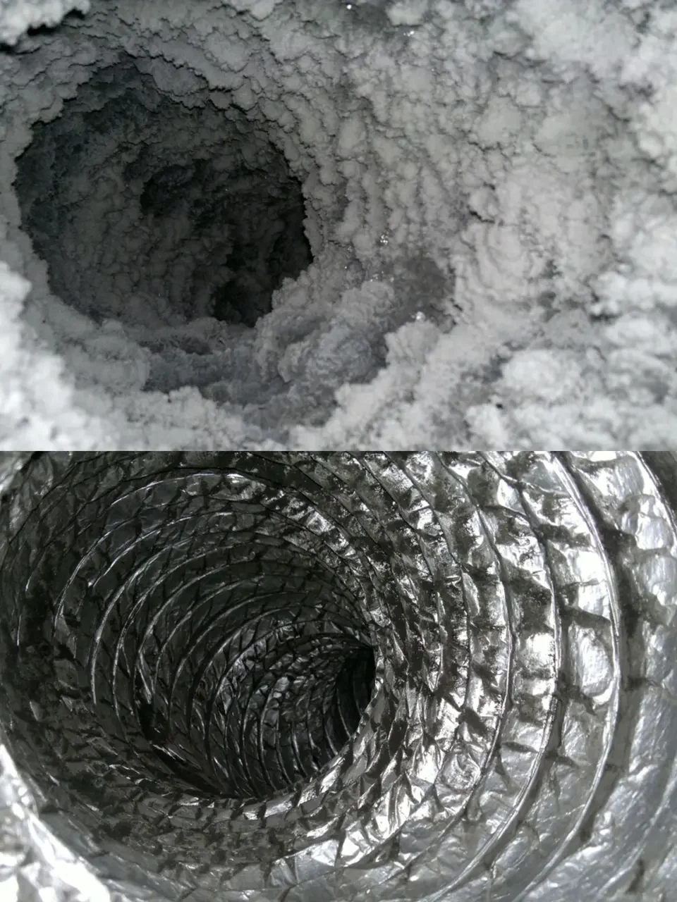 Storitev Čiščenja Cevovodnih Sistemov – Umazan in čist cevovodni sistem ventilacije in klimatizacije. Stanje pred in po čiščenju.