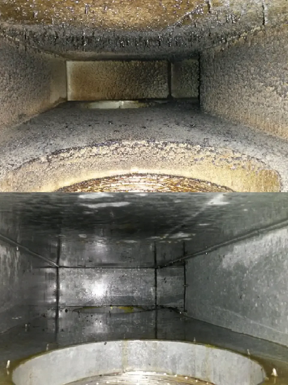 Storitev Čiščenja Cevovodnih Sistemov – Umazan in čist cevovodni spiralni cevovodni sistem ventilacije in klimatizacije. Stanje pred in po čiščenju.