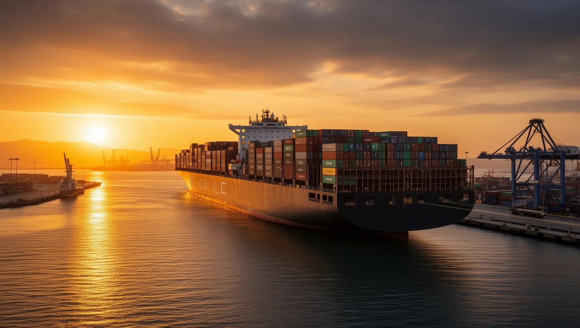 Cargo ship at sunset — global logistics infrastructure