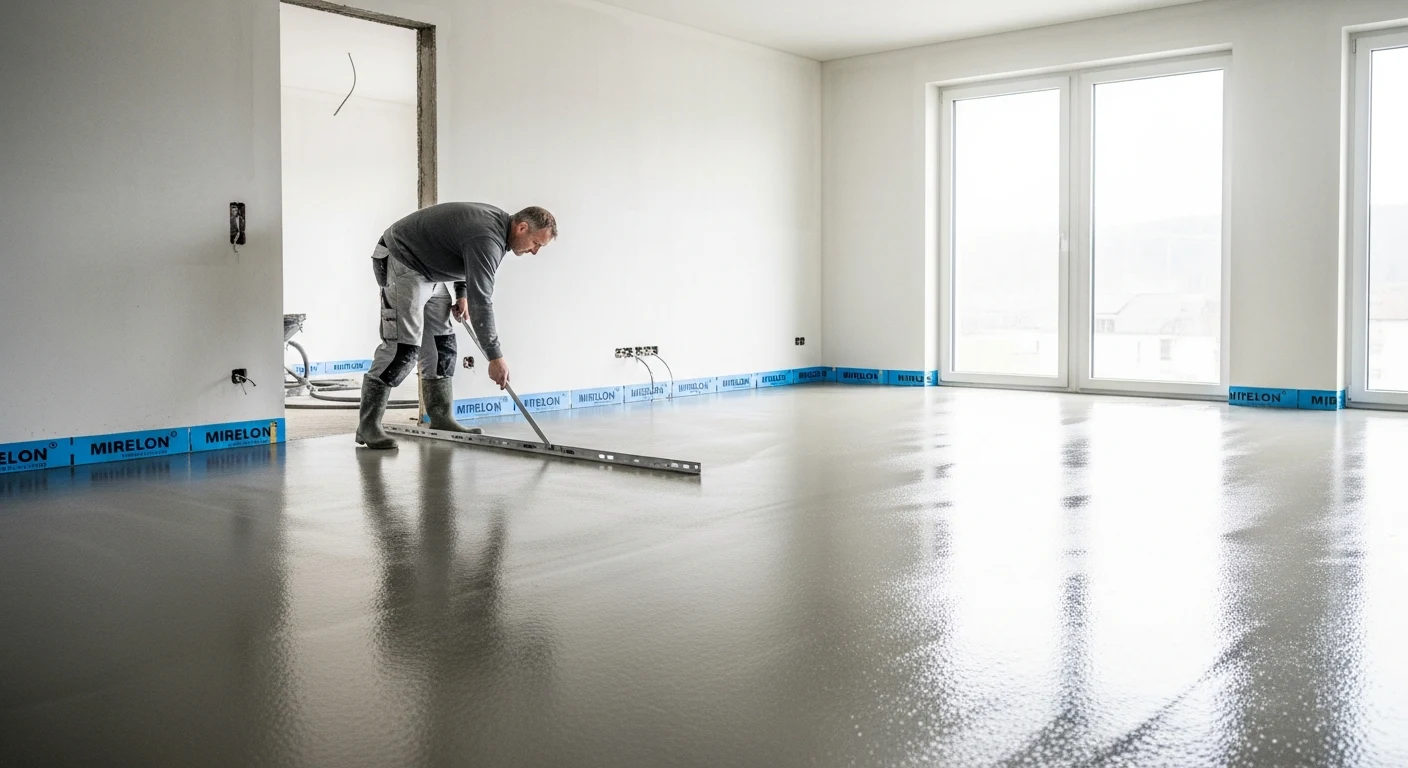 Mojster glajenje svežega samorazlivnega estriha z aluminijasto letvijo v praznem stanovanju