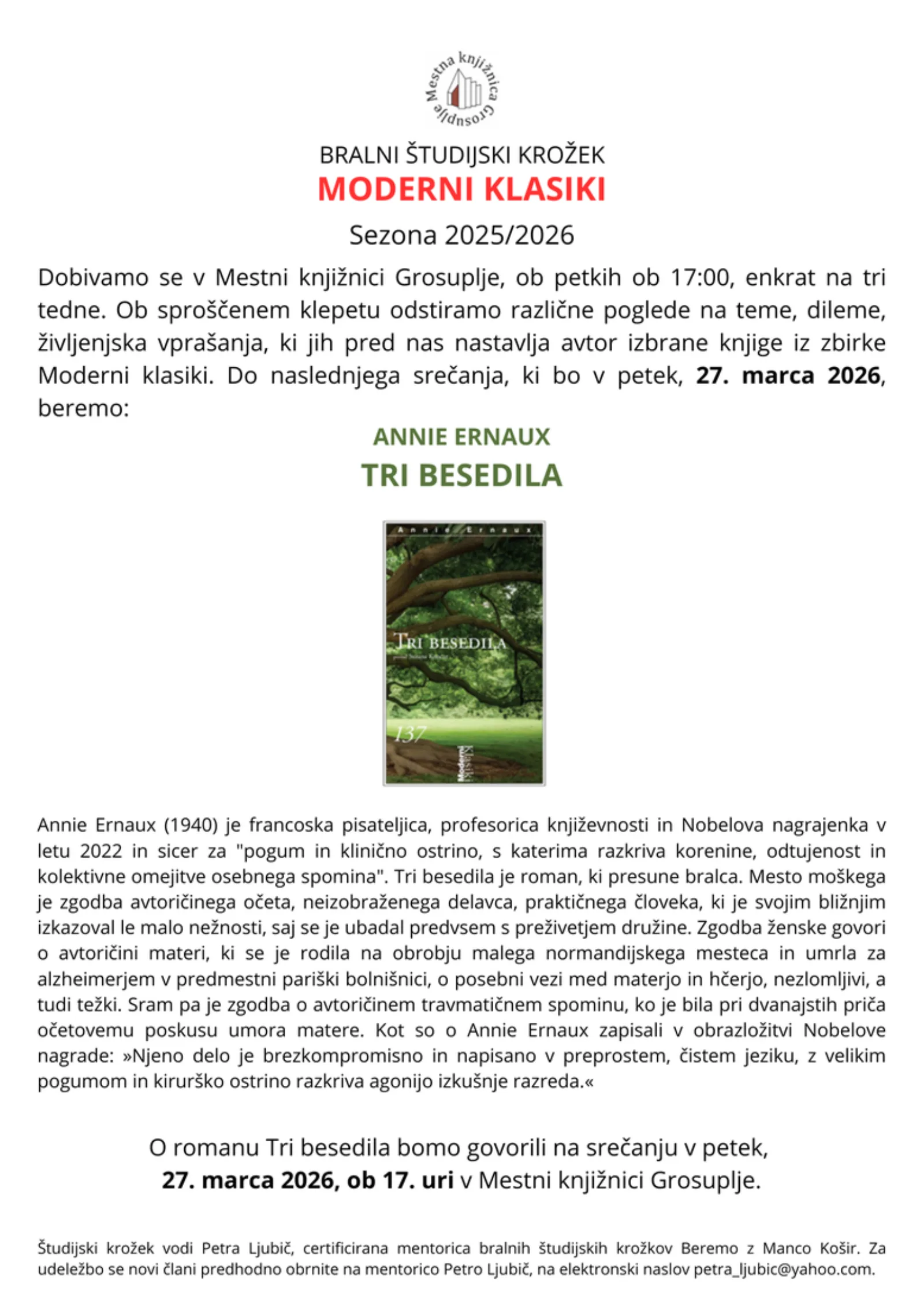 Srečanje bralnega študijskega krožka Moderni klasiki