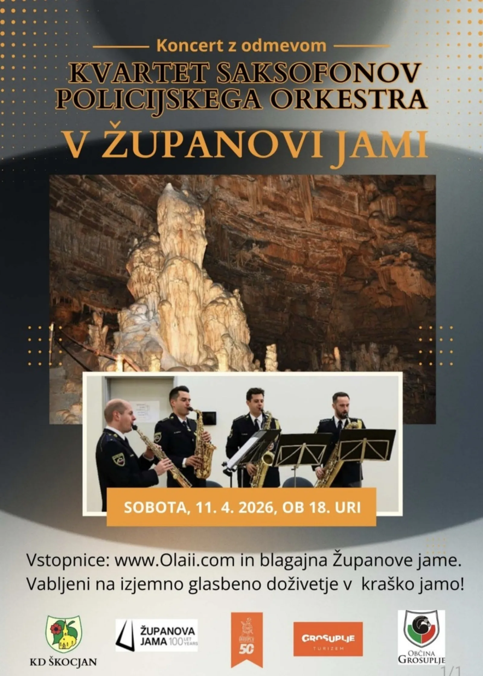 Koncert z odmevom Kvarteta saksofonov Policijskega orkestra v Županovi jami