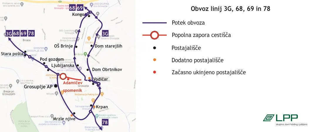 Obvozi linij LPP v času popolne zapore Adamičeve ceste, predvidoma od 17. aprila do 30. junija (faza 2)
