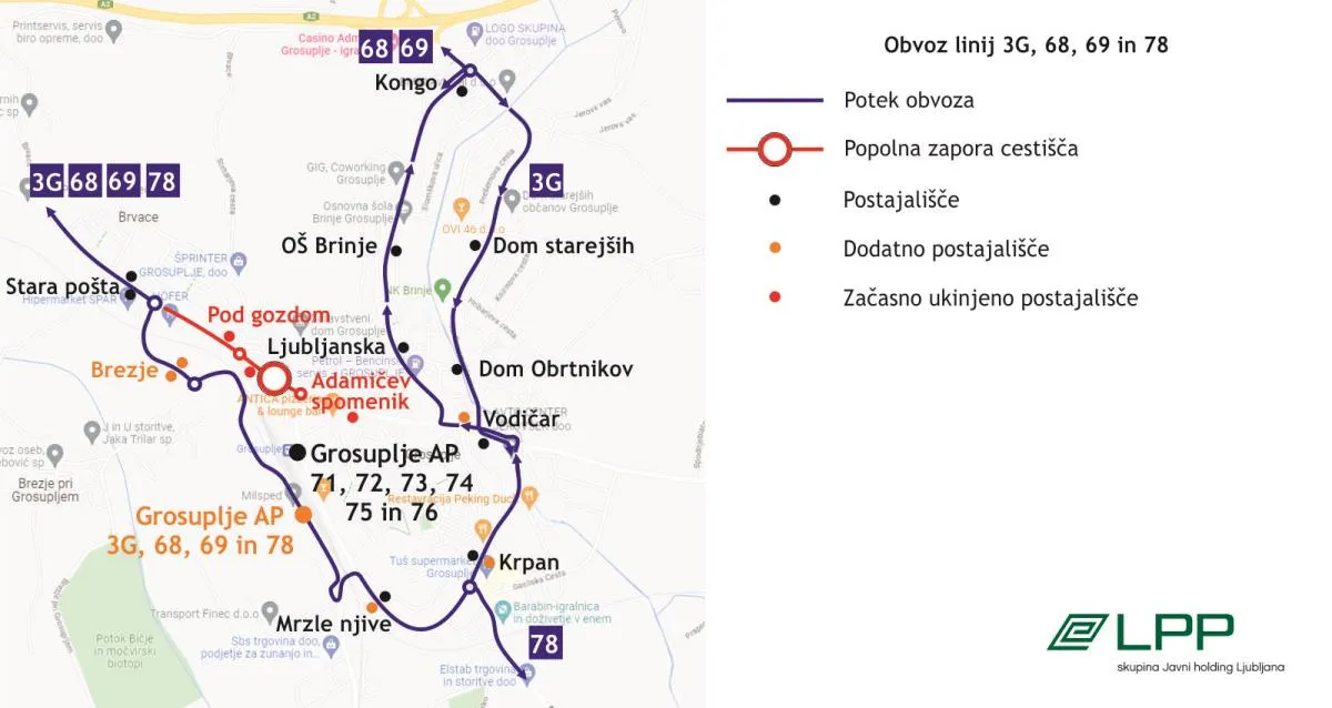 Obvozi linij LPP v času popolne zapore Adamičeve ceste, predvidoma od 25. do 28. maja (faza 1)