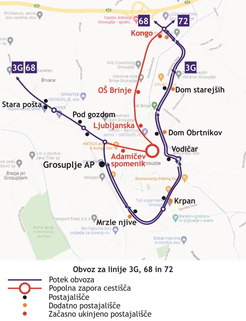Obvozi linij LPP v času popolne zapore Adamičeve ceste, predvidoma od 3. julija do 30. avgusta