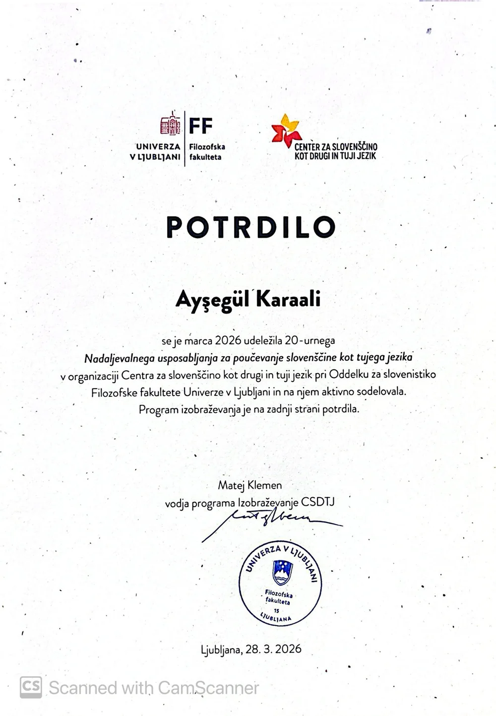 Potrdilo Filozofske fakultete Univerze v Ljubljani