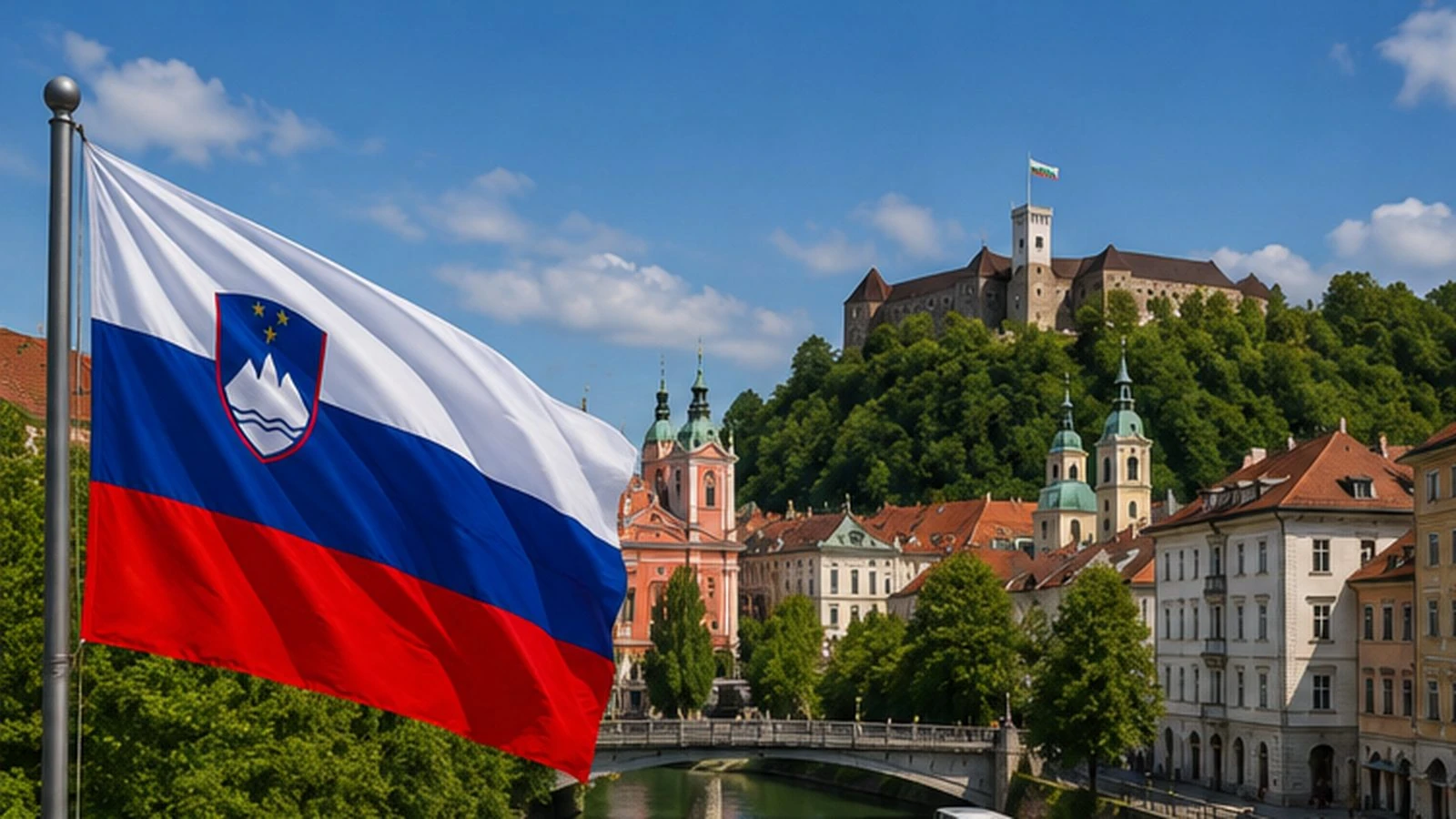 Slovenska zastava nad Ljubljano z gradom