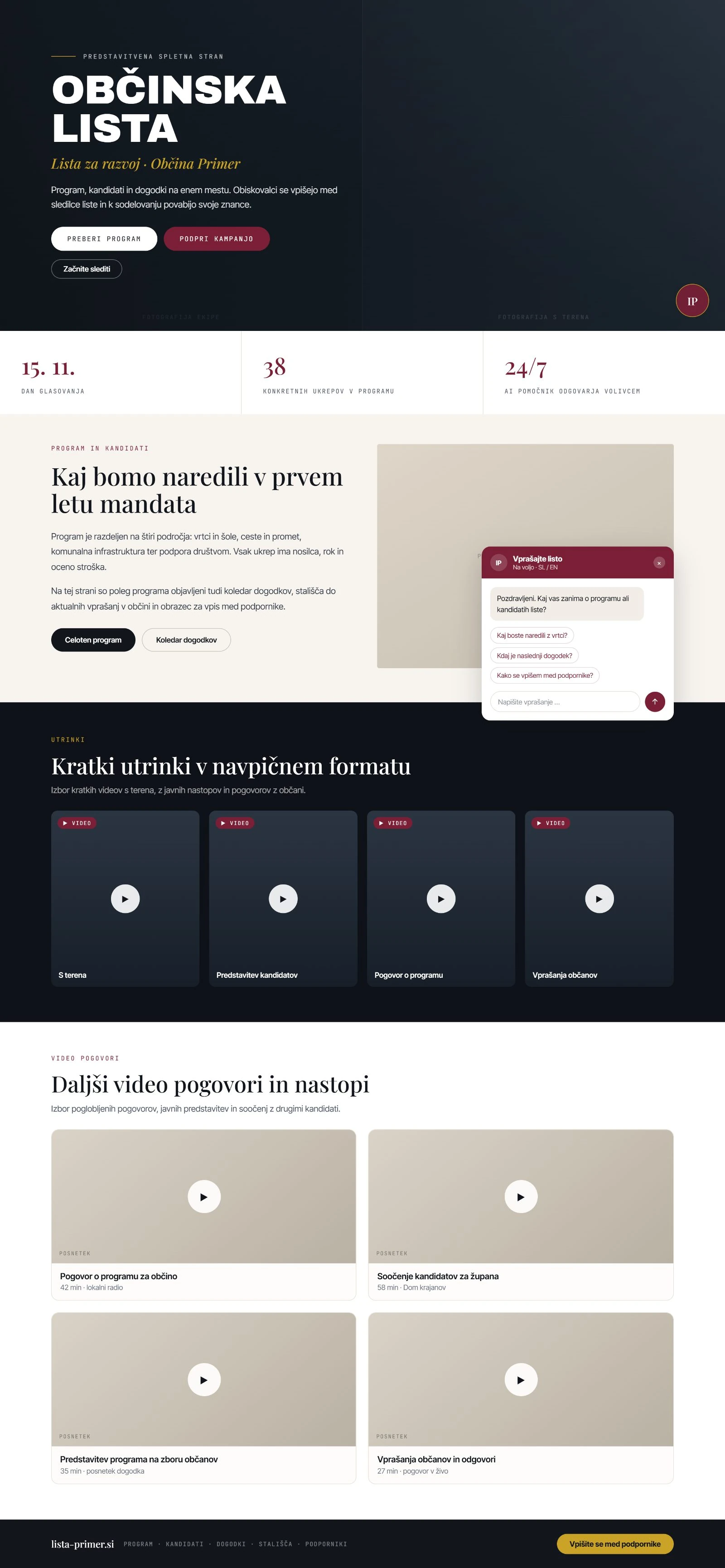 Maketa spletne strani liste s programom, kandidati, AI pomočnikom in videi