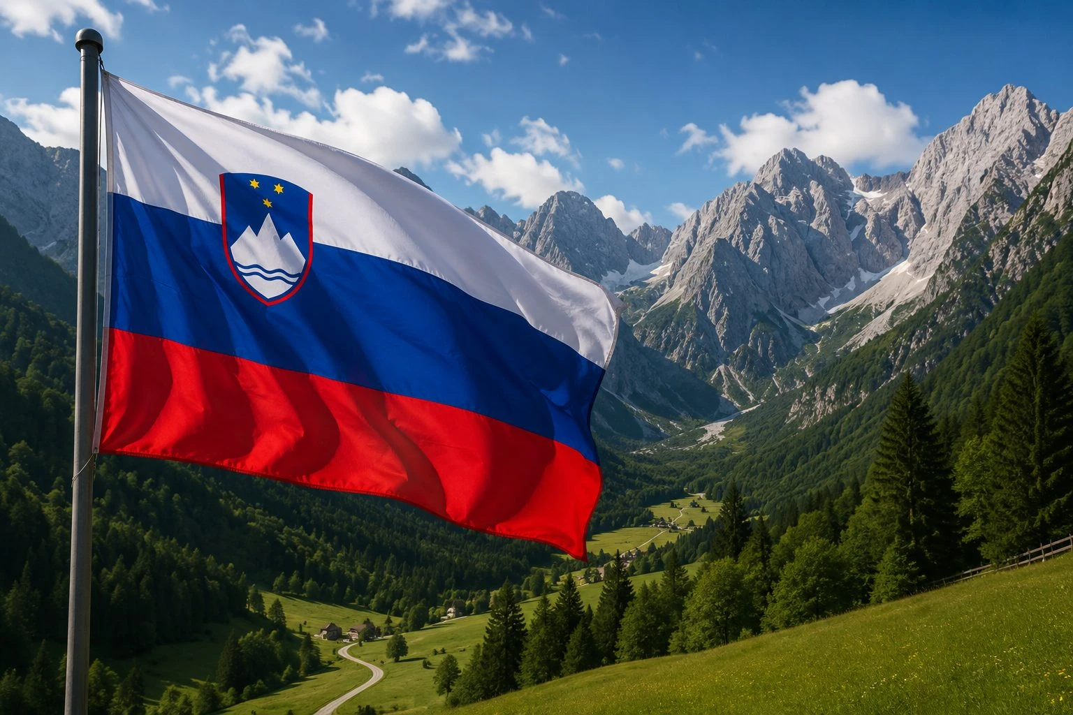 Slovenska zastava nad alpsko dolino