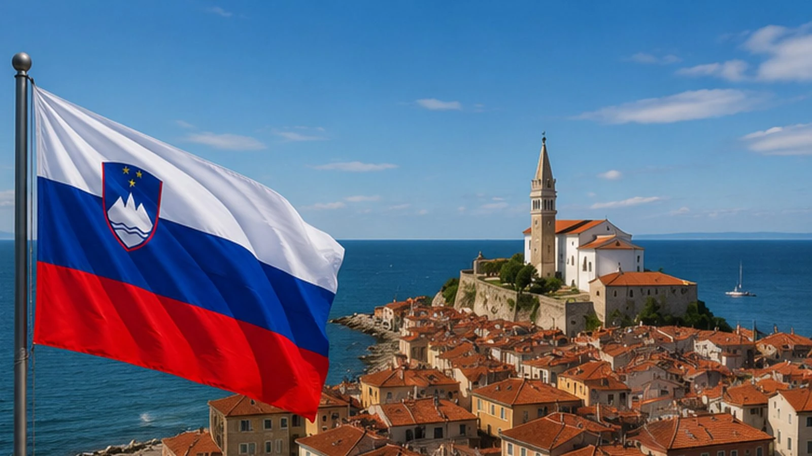 Slovenska zastava nad obmorskim mestom