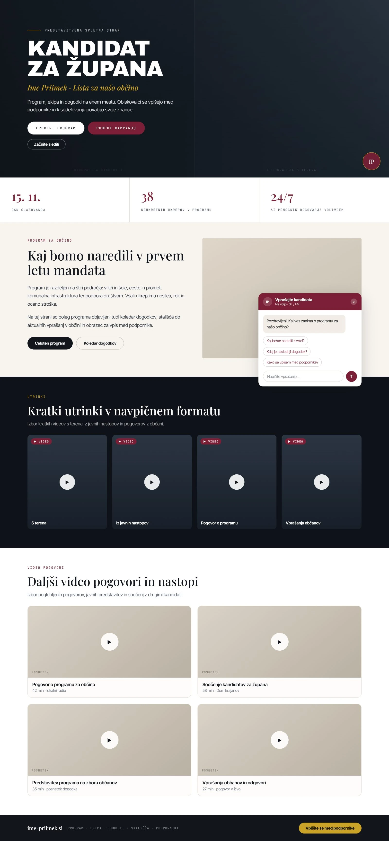 Maketa spletne strani kandidata s programom, AI pomočnikom in videi
