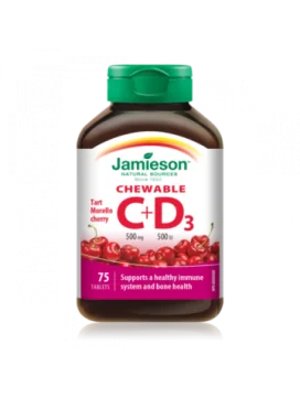 Jamieson Vitamin C+D žvečljive tablete z naravnim okusom češnje, s sladkorjem in sladili