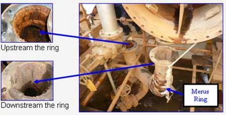 a lot of corrosion upstream the Merus Ring compared to the downstream pipe