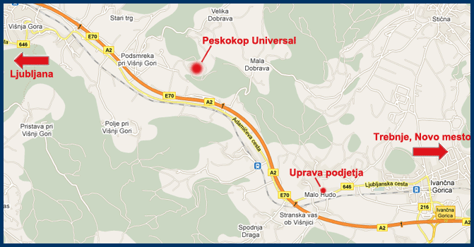 Zemljevid: kamnolom Peskokop Universal v Podsmreki ob avtocesti A2 ter uprava podjetja na Malem Hudem pri Ivančni Gorici