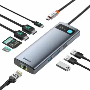 Priklopna postaja USB-C => BASEUS Metal Gleam Series 9v1 2x HDMI 2xUSB3.0 1xUSB2.0 USB-C 100W 1xRJ45 čitalec kartic SD/microSD/TF (WKWG060013)