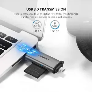 Zunanji čitalec kartic Ugreen USB 3.0/USB-C za microSD SD RS-MMC MMC siv (50706)