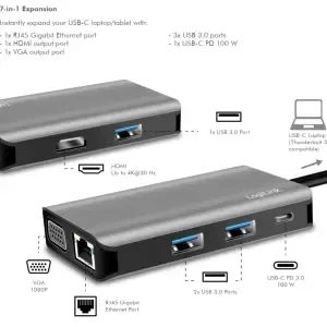 Priklopna postaja USB-C => 3xUSB 3.0 tip A 1xUSB-C PD 100W 1xHDMI 1xVGA 1xRJ45 srebrn LogiLink (UA0410)