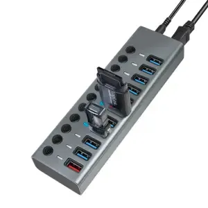 HUB USB => 10x USB 3.2 gen1 tip A + 1x USB 3.2 gen 1 polnilni s stikali + napajalnik ALU siv LogiLink (UA0388)