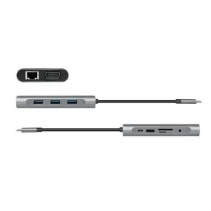 Priklopna postaja USB-C => 3x USB tip A 1xUSB-C PD 100W 1x HDMI 1x VGA1x RJ45 1x 3,5mm avdio 1x čitalec kartic SD/microSD LogiLink (UA0383) EOLS-P