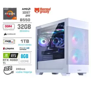 Računalnik MEGA MT S7X R7-5700X/RTX4060Ti/32GB/1TB-4.0/750W/Brez OS/bela RGB