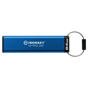 Spominski ključek 64GB USB 3.2 Kingston IronKey Keypad 200 145MB/s 115MB/s kovinski-plastičen s pokrovčkom PIN tipkovnica moder (IKKP200/64GB)