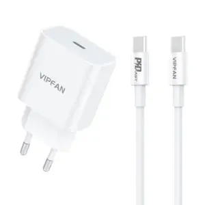 Hišni polnilec 100-240V => Vipfan 20W 1xUSB-C QC3 za mobilne telefone s priloženim kablom USB-C E04 bel (E04 CC)
