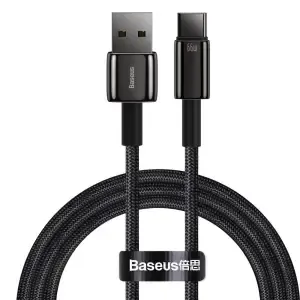 Kabel USB-C => USB-A 2.0 tekstil ovoj 1,00m 11V/6A 66W QC3 Tungsten Gold Baseus črn (CATWJ-B01)