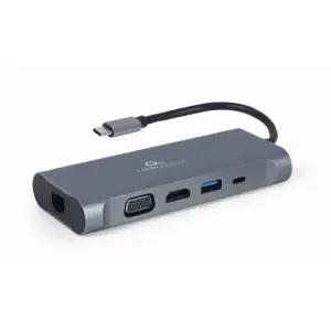 Priklopna postaja USB-C => 3x USB 3.1 Gen 1 USB-C PD 100W VGA HDMI LAN čitalec kartic SD in microSD siva Gembird (A-CM-COMBO7-01)