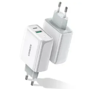 Hišni polnilec 100-240V => 1x USB-A (ž) 1x USB-C 36W za mobilni telefon ali tablični računalnik Ugreen PD3 + QC3 - bel (60468O)