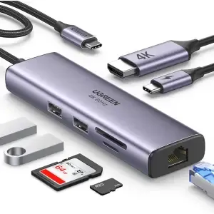 Priklopna postaja USB-C => 2x USB3.0 tip A 1x USB-C PD 100W 1x HDMI 1x RJ45 1x čitalec kartic SD/microSD Ugreen