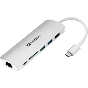 HUB USB-C => 2xUSB3.0 USB-C(PD 61W) HDMI čitalec kartic SD RJ45 Sandberg (136-18)