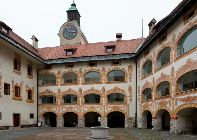 Arcaded courtyard of Gewerkenegg Castle in Idrija
