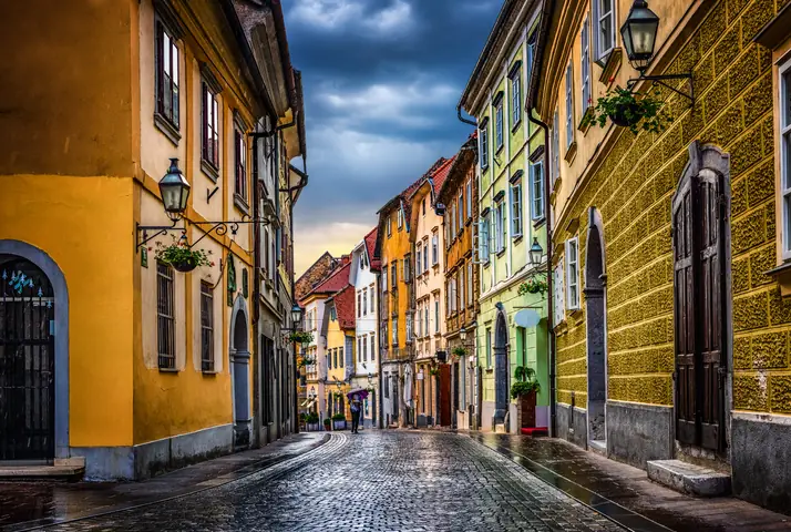 Cobbled street in Ljubljana's old town after the rain
