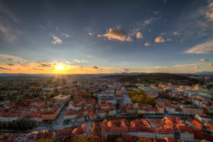Sunset over the roofs of Ljubljana