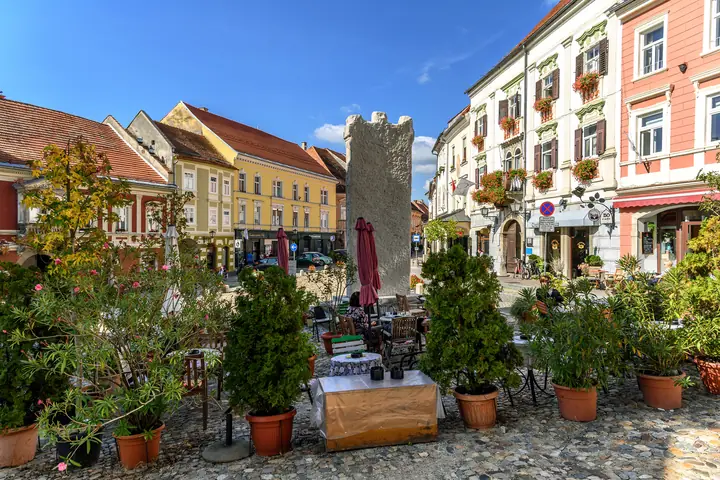 Old town square in Ptuj with the city tower